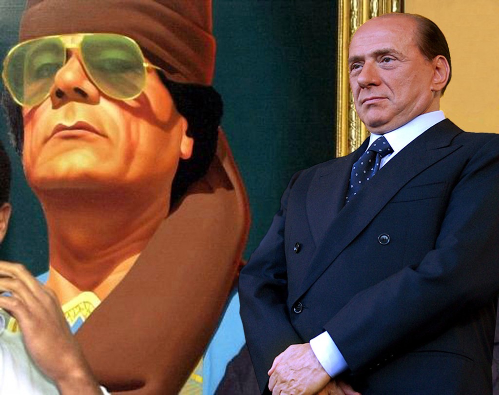 ©Roberto Gimmi Fotomontaggio di Silvio Berlusconi con alle spalle un quadro di Gheddafi