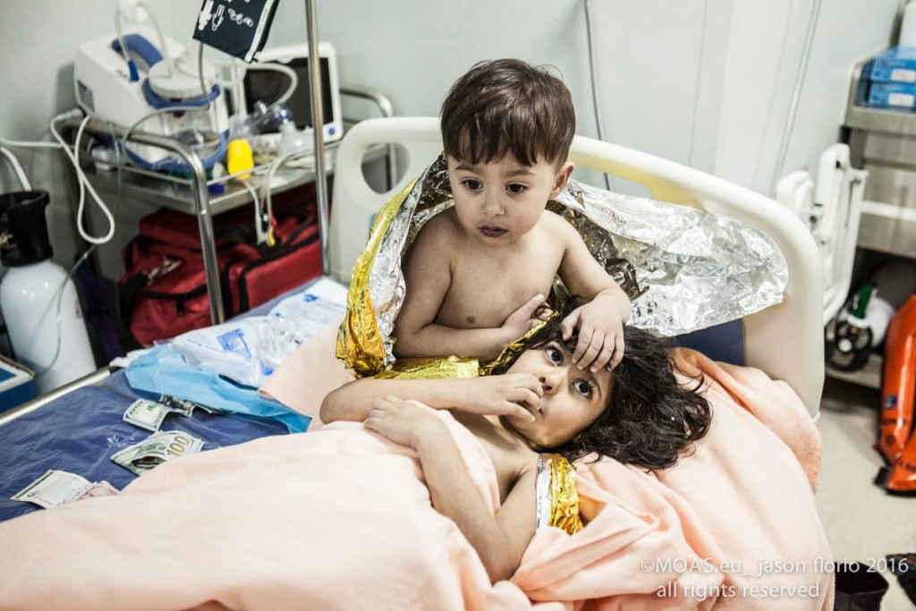 Finally safe: Children being treated for hypothermia on board the MOAS ship Topaz Responder.