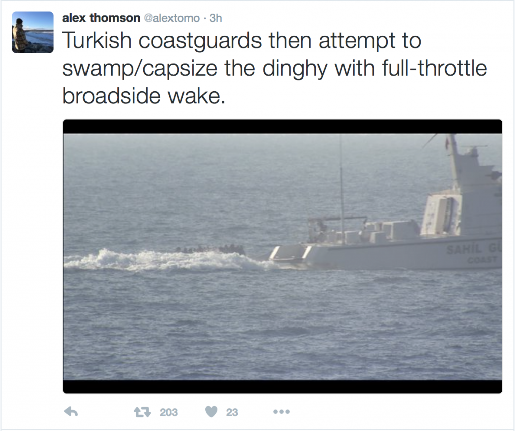 A Tweet by Chanel 4 Correspondent Alex Thomson, who witnessed the incident, showing the Turkish Coastguard making wake dangerously close to the migrants' dinghy.